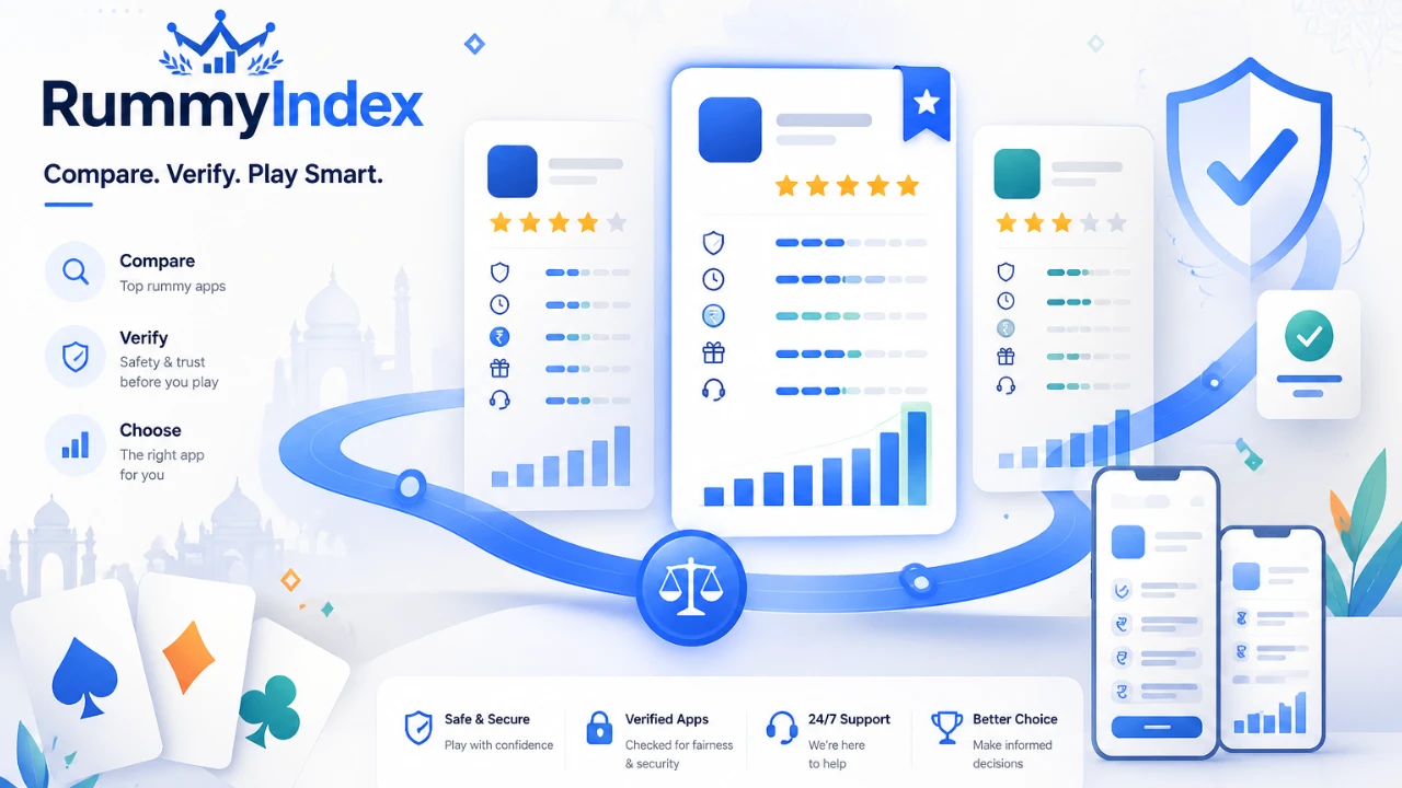RummyIndex home hero ribbon — blue gradient accents, abstract, no operator logos.